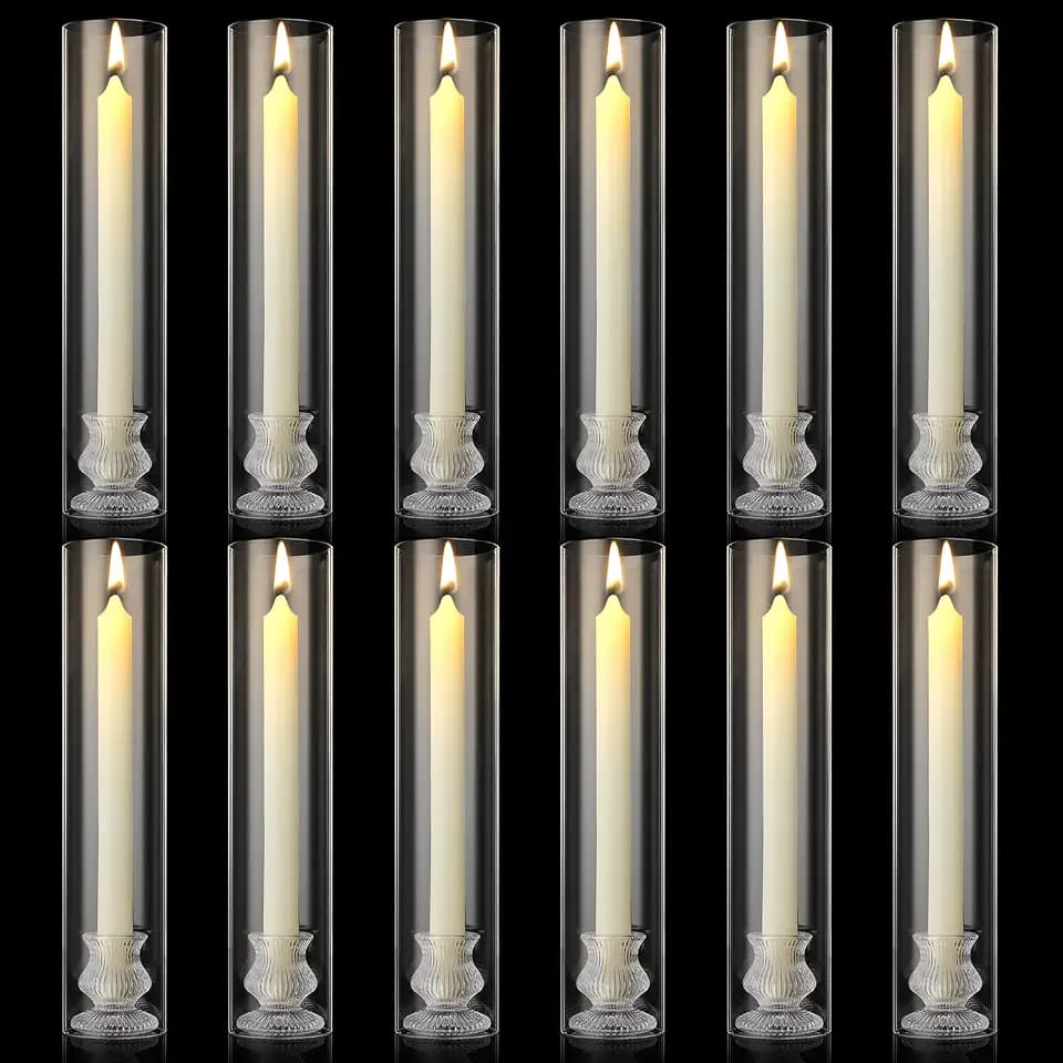 12 Sets (24 Pcs) 12inch Hurricane Candle Holder Sleeve Wedding Gift Christmas Clear Glass Cylinder Candleholder Chimney Tube, Open Ended Candle Shade Glass Tapered Candle Holders