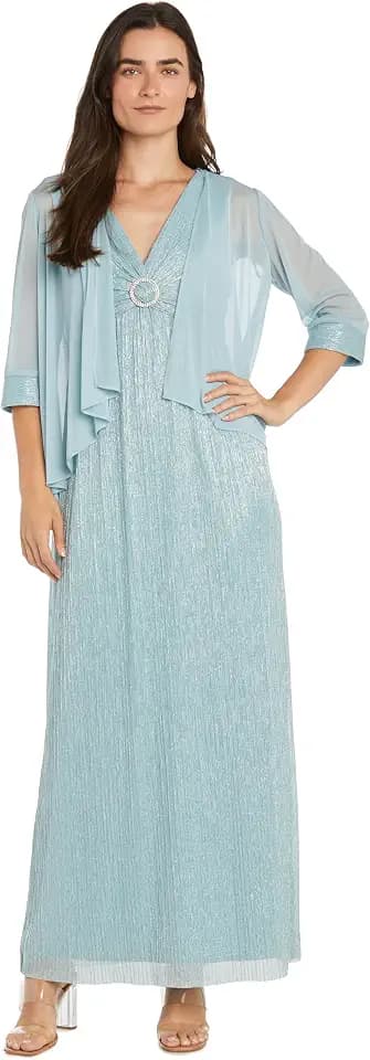 R&M Richards Women's Elegant Evening V-Neck Gown W/Matching Sheer Cover Up -2-Piece Formal Wedding Guest Cocktail Attire