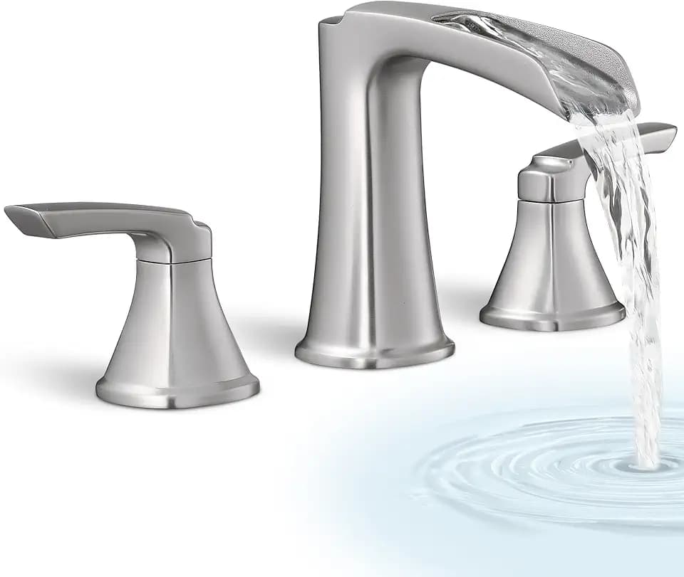 3 Hole Roman Tub Faucet Waterfall Brass Brushed Nickel Bathtub Faucet Set, High Flow 6-16 Inch Deck Mount Faucet for Bathtub, 2 Handle Bath Tub Faucets with Supply Water Hoses for Classic