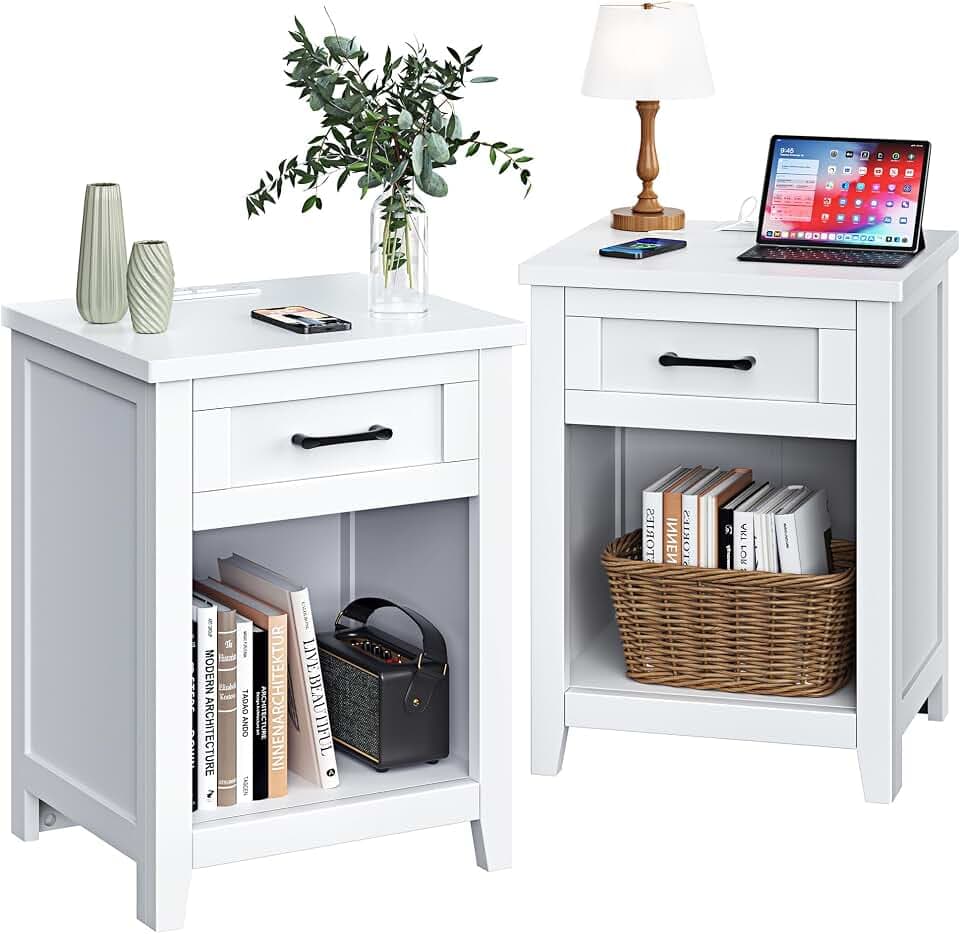 Decofy Farmhouse Nightstand with Charging Station & Large Storage, Set of 2 Modern End Tables with Outlets, USB Ports and Type-C Ports, Easy Assembly for Bedroom (Pure White)