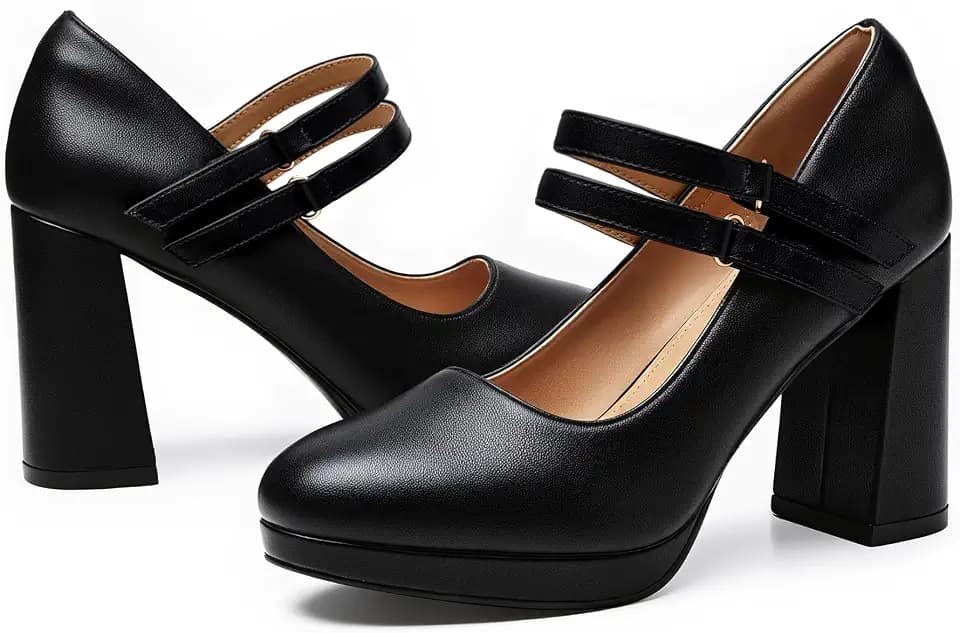 Trary Mary Jane Shoes Women Heels Platform Chunky Block High Heels with Double Strap Women's Pumps Comfortable Dress Pumps for Party Wedding Office Round Toe Heel Shoes