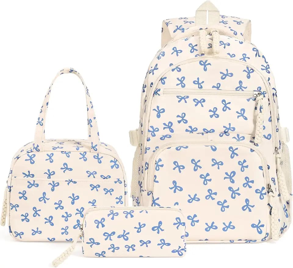 Coquette Backpack Set, Cute Kawaii Aesthetic Daypack Bow Rucksack (A02 Bow Blue)