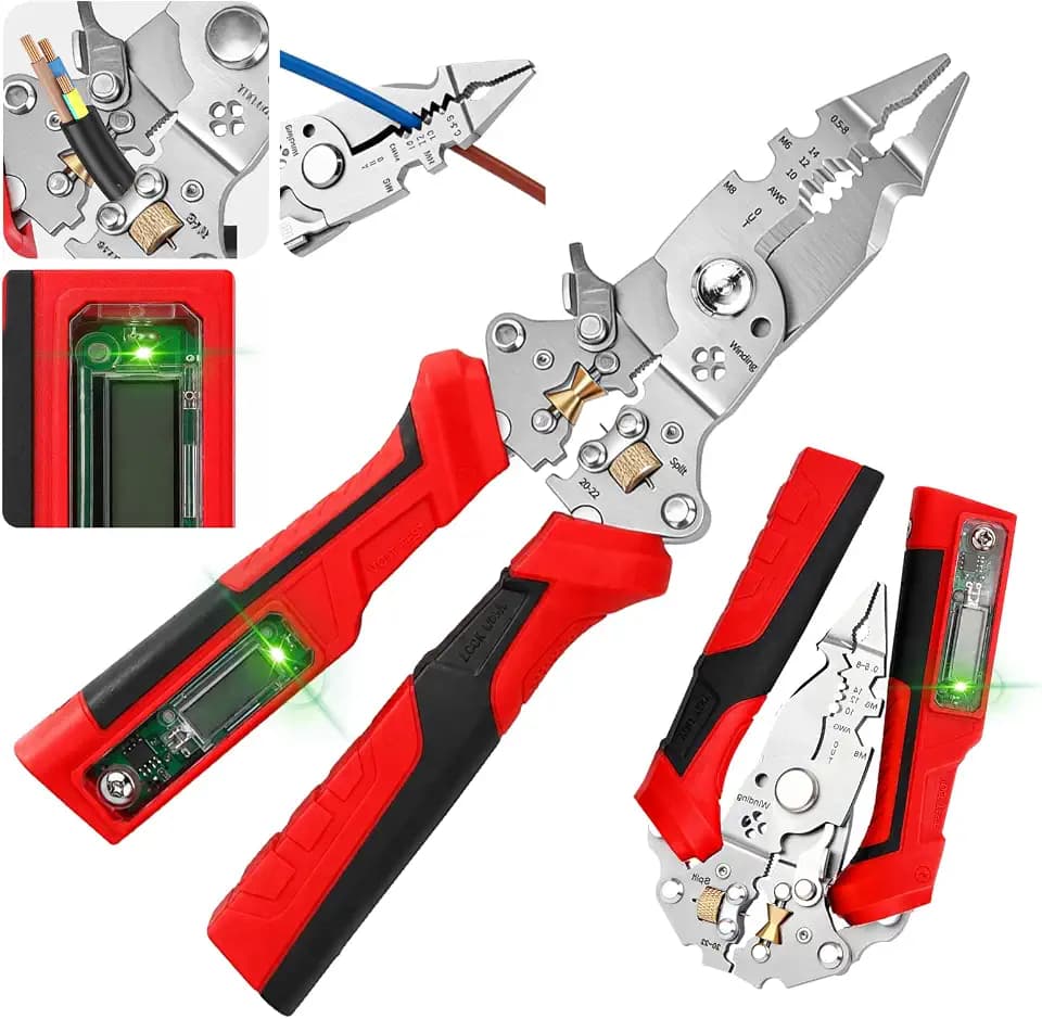 16-in-1 Wire Stripper and Crimping Tool, Foldable Wire Cutter with Rechargeable 12-250V AC/DC Voltage Tester for Hot/Neutral Checks, Home Wiring and DIY Repair (Red1)