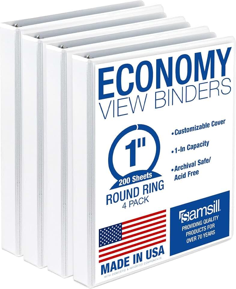 Samsill 1 Inch 3 Ring Binders, Economy Round Ring, Clear View Cover, 200 Sheet Capacity - for School, Home, Office - White, 4 Pack