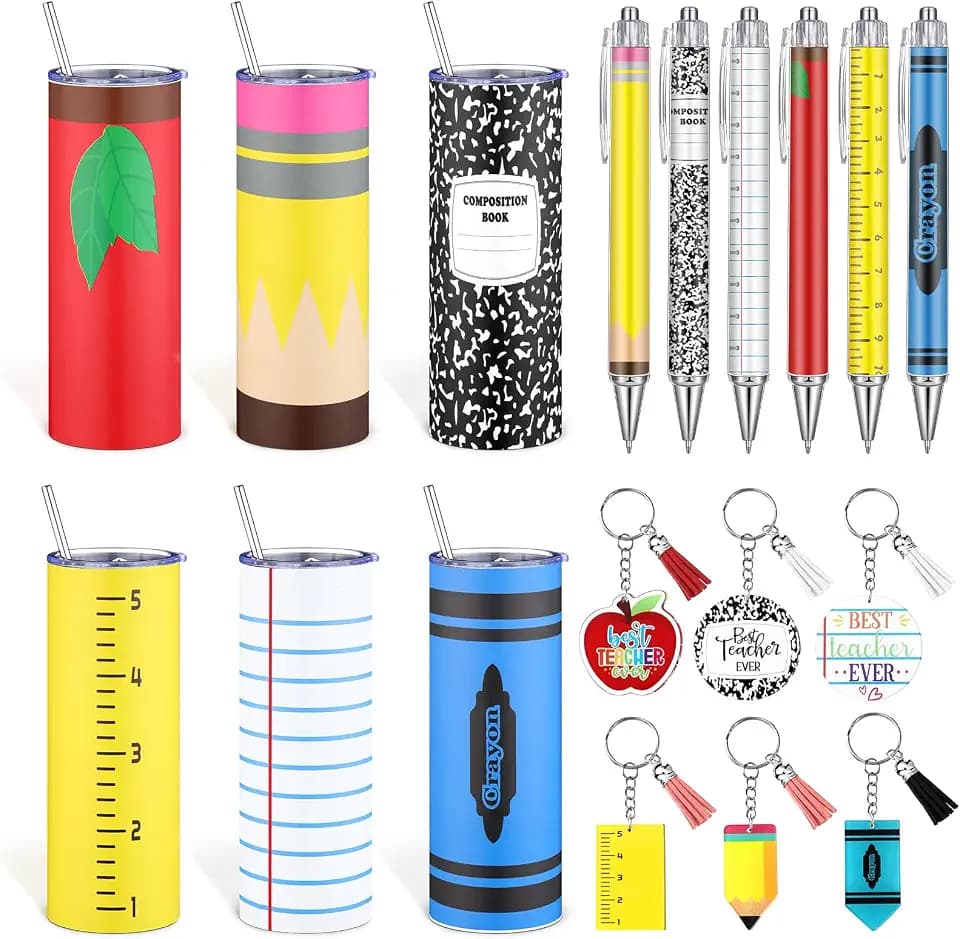 Patelai 18 Pcs/6 Sets Back to School Teacher Appreciation Gifts Bulk Composition Notebook Thank You Gifts Pencil Teacher Gift 20oz Apple Stainless Steel Tumbler Acrylic Keychain Classroom Party Favors