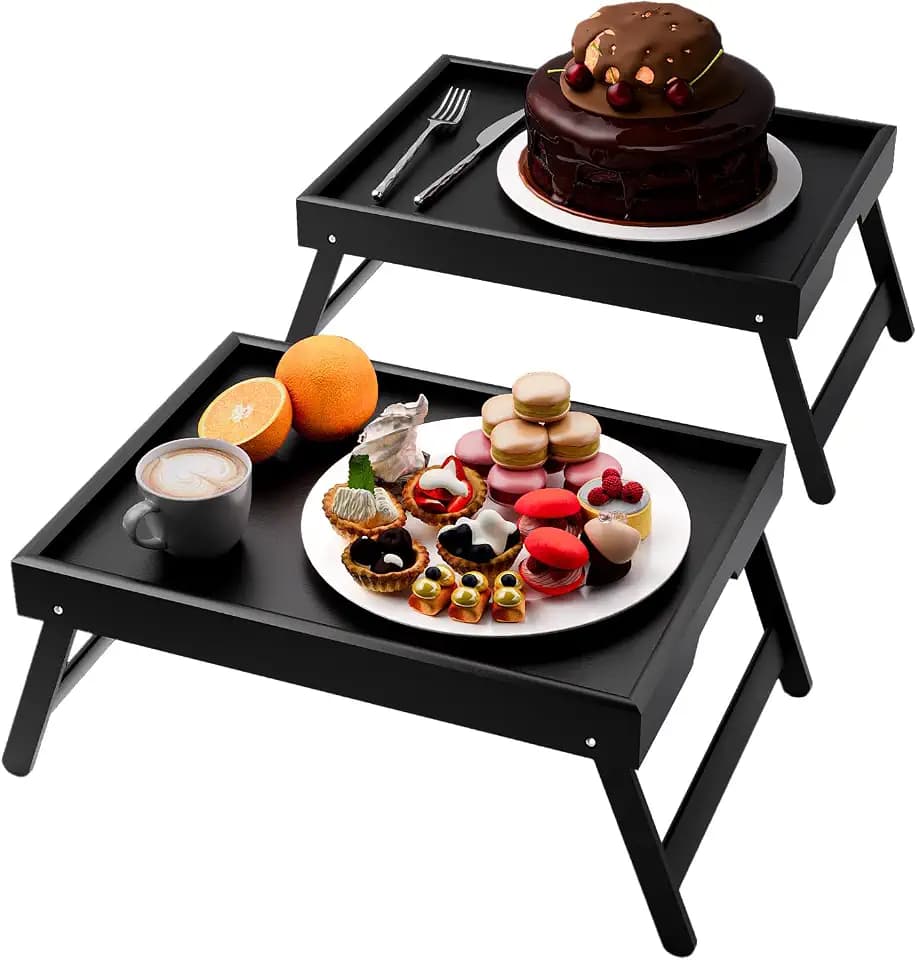 Fibogollo 2 Pack Bamboo Bed Tray Table with Folding Legs,Breakfast Trays,Serving Tray for Food and Snack,Laptop Trays for Working(Black)