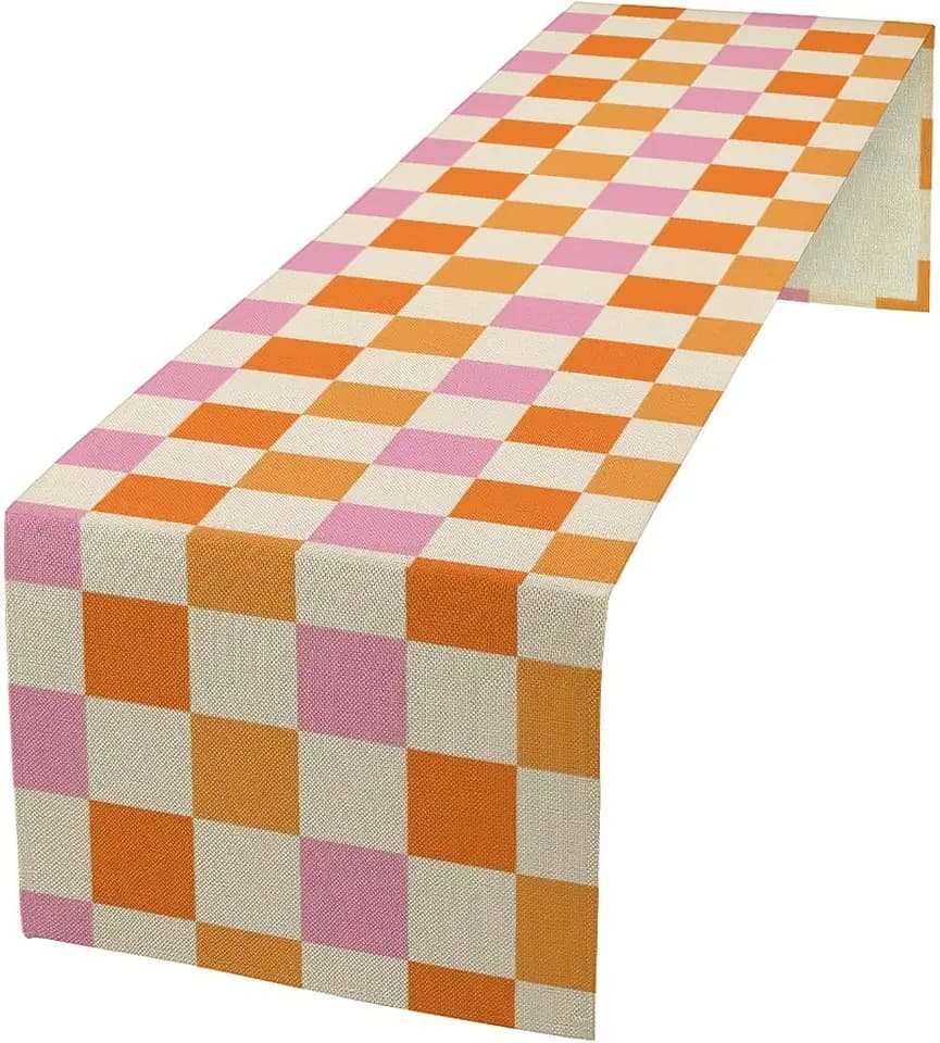 Hippie Table Runner Vintage Geometric Square Grid Yellow Orange Pink 1960s 1970s Retro Country Farmhouse Dinner Runner for Living Room Kitchen Party Holiday Dinner Home 13x36in