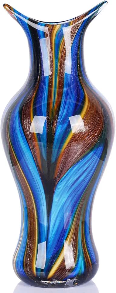 Hand Blown Glass Vase for Flowers, Murano Style Swirl Art Decorative Glass Vases for Home Decor, Wedding Table Centerpiece for Bookshelf & Dining Table