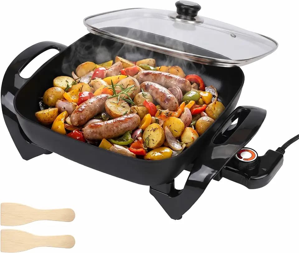 12" Ceramic Nonstick Electric Skillet with Tempered Vented Glass Lid, Scratch-Resistant Surface, Cool-Touch Handles, Removable Easy-to-Clean Design, 1200W, Sleek Black