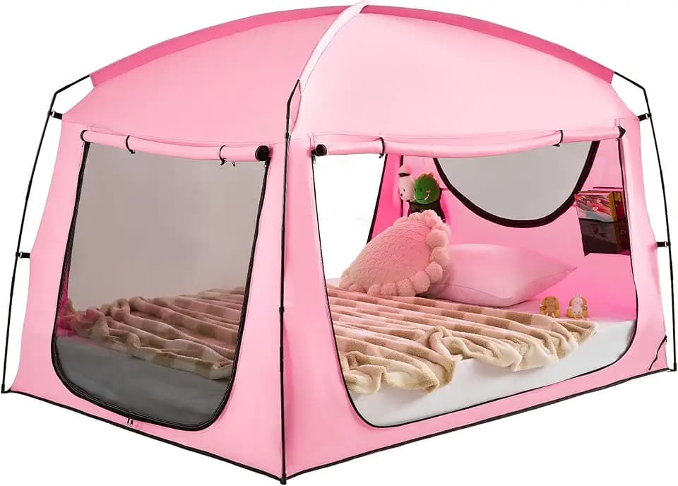 Privacy Sleep Indoor Bed Tent for Adults Kids, Portable Blackout 90% Canopy Tents with 3 Doors Breathable Mesh Windows