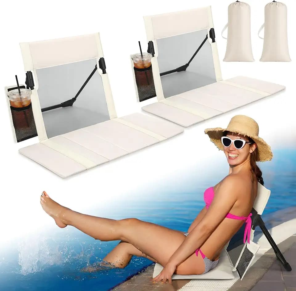 Novabright 2 Pcs Extra Large Foldable Pool Chair with Mesh Backrest Portable Camping Chairs Poolside Seat with Cup Holder Beige Folding Seat for Edge of Pool Beach Camping Picnic Accessories