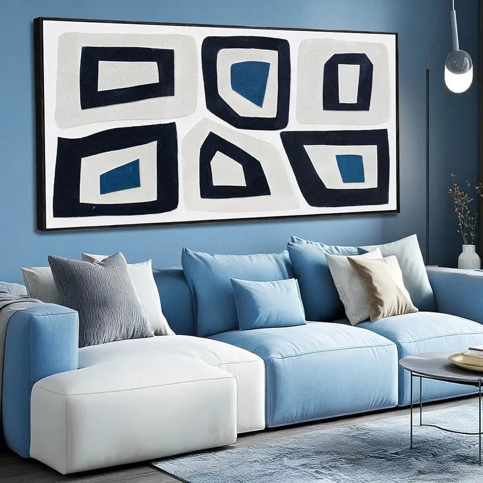 Abstract Framed Canvas Wall Art for Living Room Hand Drawn Black Blue Paintings 29"x58"Large Irregular Shape Artwork Wall Decor