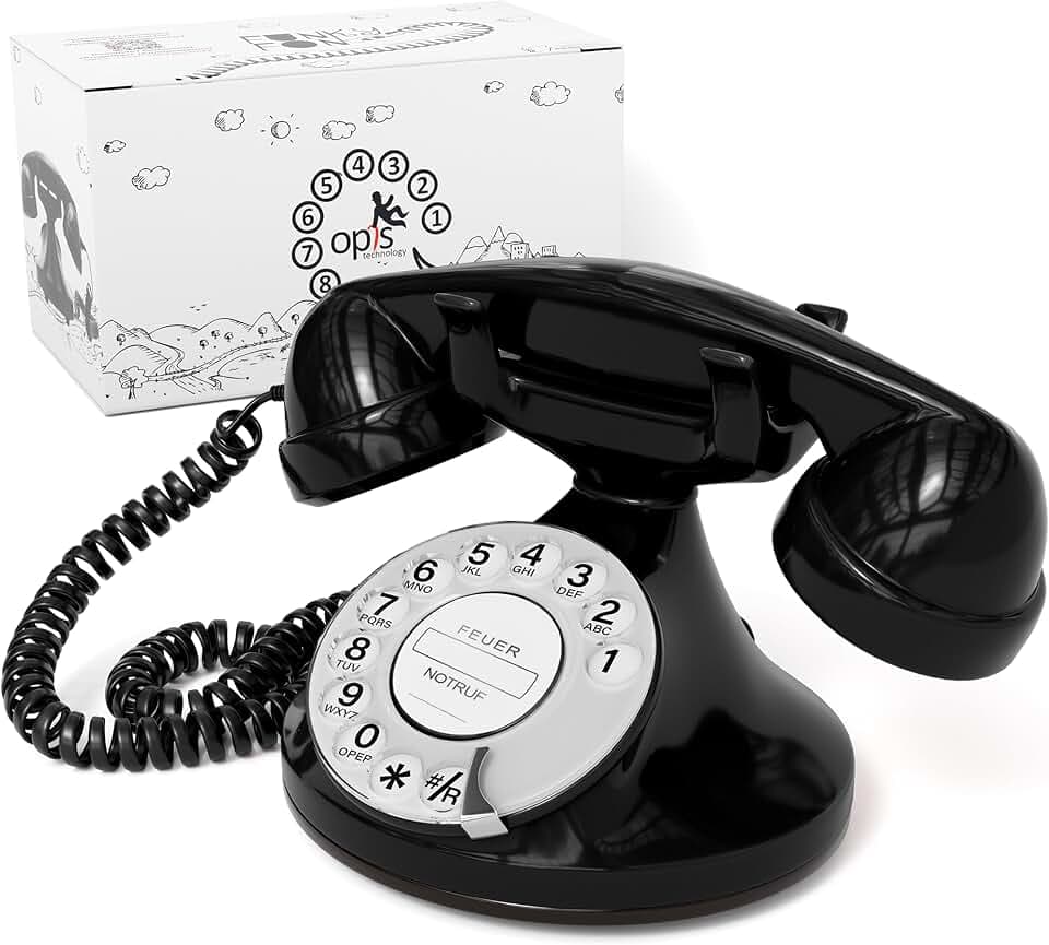Opis Technology FunkyFon Cable Nostalgie Telefon mit Wählscheibe, Schwarz | Nachbau im Stil der 1920er Jahre in kräftigen Farben. Schnurgebunden, elektronischer Klingelton.