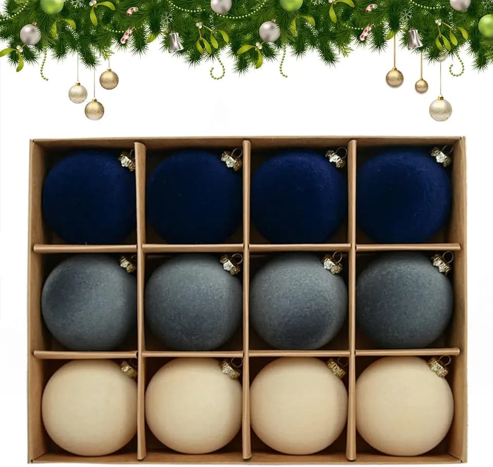 12pcs Velvet Christmas Ornaments - 2.4 inch Large Flocked Shatterproof Baubles for Christmas Tree Decor (Navy+Blue+Beige)