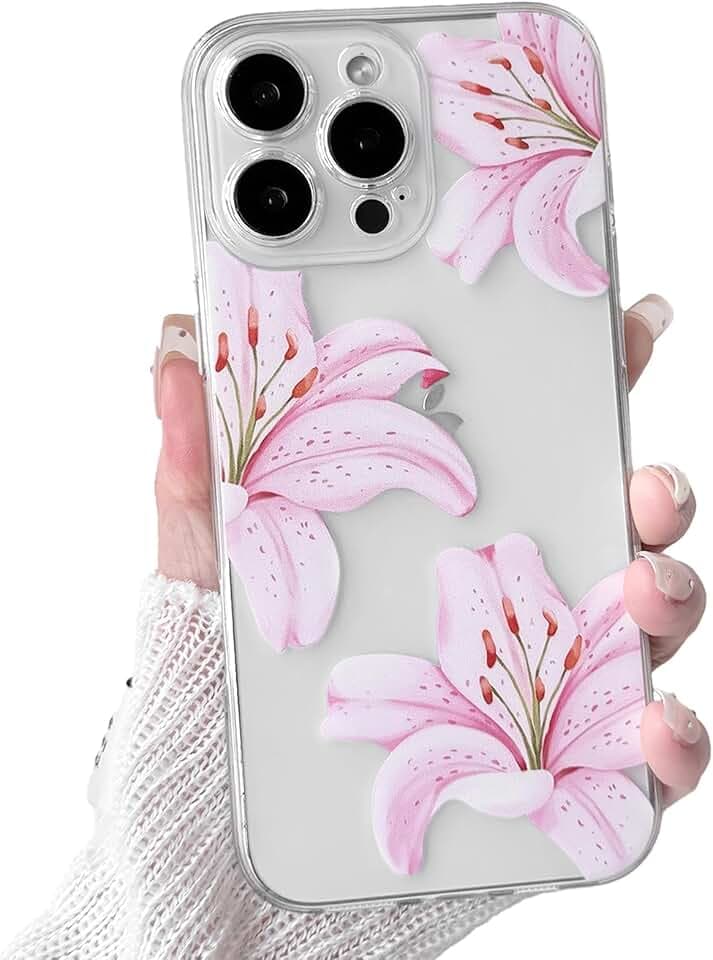 NITITOP Compatible with iPhone 16 Pro Max Case Clear Cute Pink Lily Blossom Floral Flowers Pattern for Girls Women Soft TPU Transparent Shockproof Protective Phone Cover - Flower
