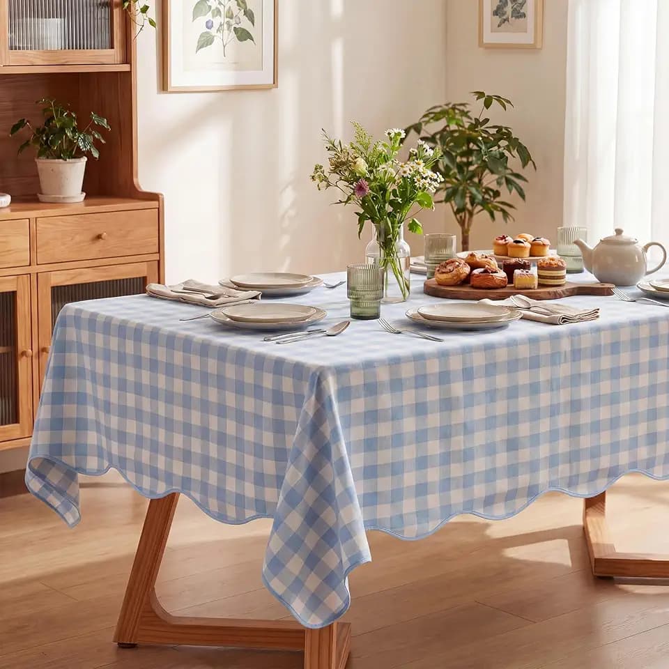 Hahafelt Gingham Tablecloth 84 x 60 Inch Reusable Plaid Table Cloth Scalloped Waterproof Wrinkle Free Buffalo Table Cloth for Party Dining Spring Easter Dinner (Blue)