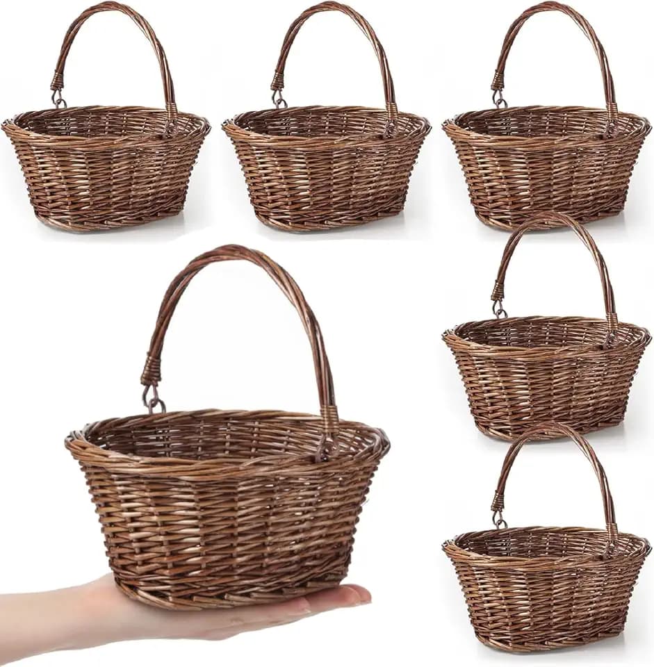 Barydat 6 Pcs Small Wicker Basket with Handle, Brown, 9" X 7" X 4"