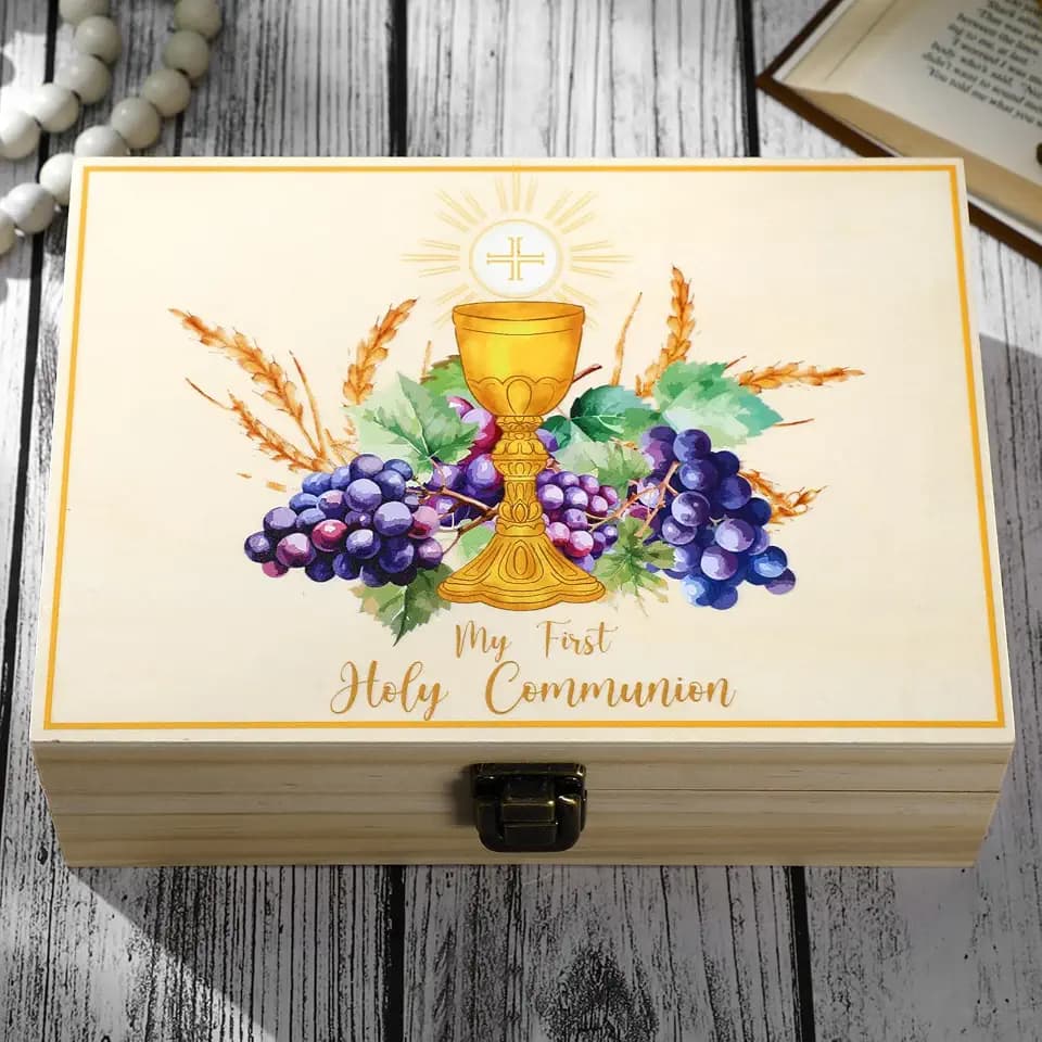 First Communion Wooden Keepsake Box Jewelry Storage, Elegant Feast
