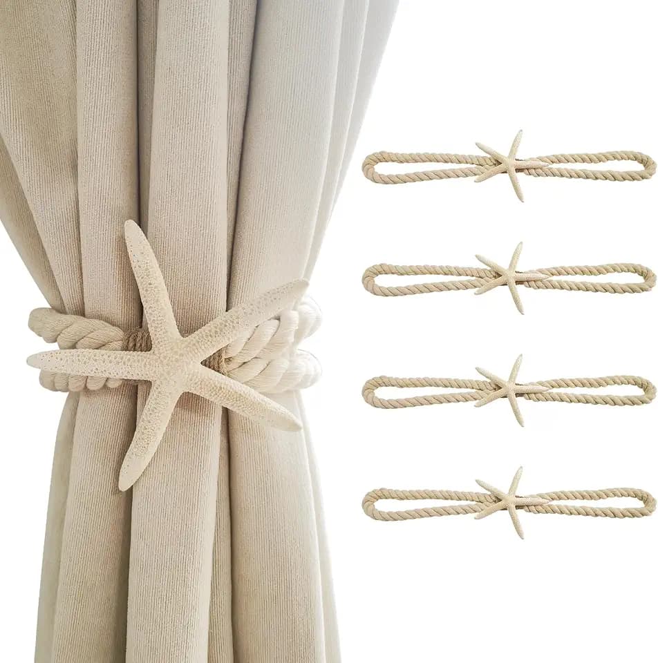 4 Pack Natural Starfish Curtain Tiebacks, Handmade Woven Rope