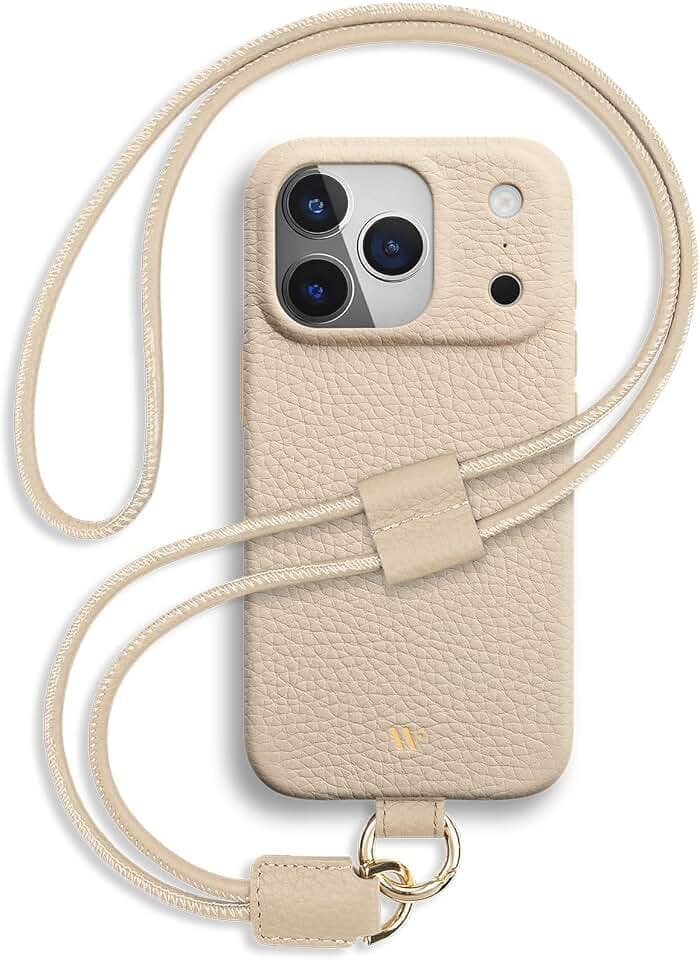 WIIUKA Hülle für iPhone 18 Pro / 17 Pro, Leder aus Deutschland, Lederhülle Handykette, Premium Handyhülle, Case, Kette Band Umhängen, skiin Loop, Beige Cream