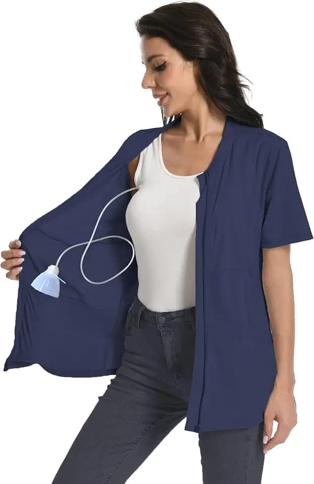 Post Mastectomy Zip Up Shirts with Drain Pockets Surgery Recovery Must Haves Clothing Comfy Short Sleeve Shirts