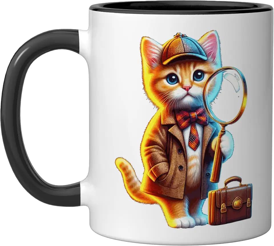 Kitten Detective Cat Sleuth Curious Investigator Funny Cute Ceramic Mug, Black/White, 11oz