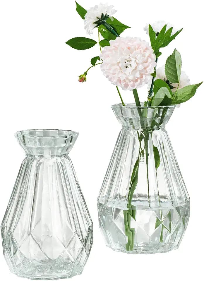 MyGift 5 Inch Glass Bud Vases, Vintage Diamond Faceted Design, Set of 2