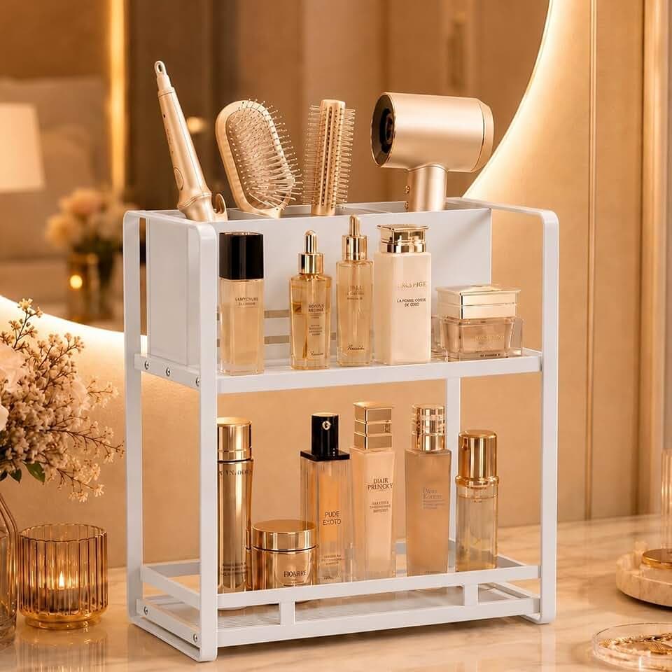 Bathroom Counter Organizer, Metal Vanity Shelf with Hair Dryer Holder