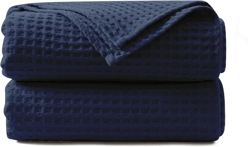 100% Egyptian Cotton Waffle Weave Throw Blanket for Bed Couch Sofa Home Decor, Soft Lightweight Bed & Couch Blanket for All Seasons (Navy Blue - Queen Size - 90 * 90")