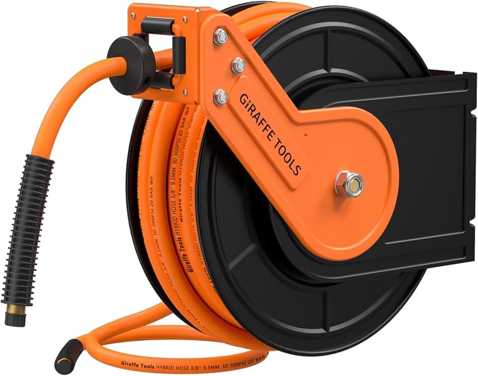 Giraffe Tools Retractable Air Hose Reel 25ft 3/8" Hybrid Hose Garage
