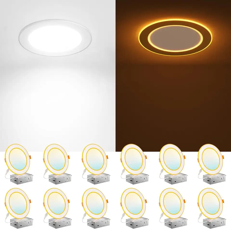 Amico 12 Pack 6 Inch 5CCT LED Recessed Light with Double Ring Night Light