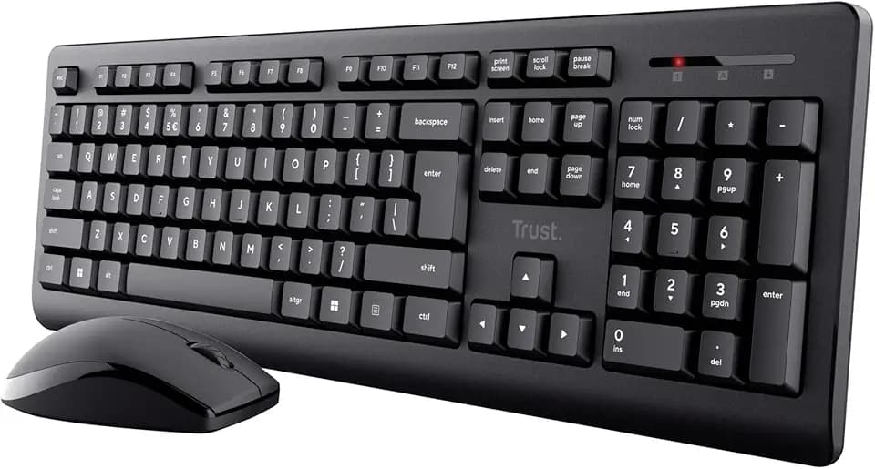 Trust Primo Kabelloses Tastatur- und Maus-Set, QWERTY UK-Layout, Flache Tasten, auslaufsicher, EIN USB-Empfänger, beidhändig verwendbare, kabellose Maus, Heimbüro-Kombination für PC, Laptop, Mac