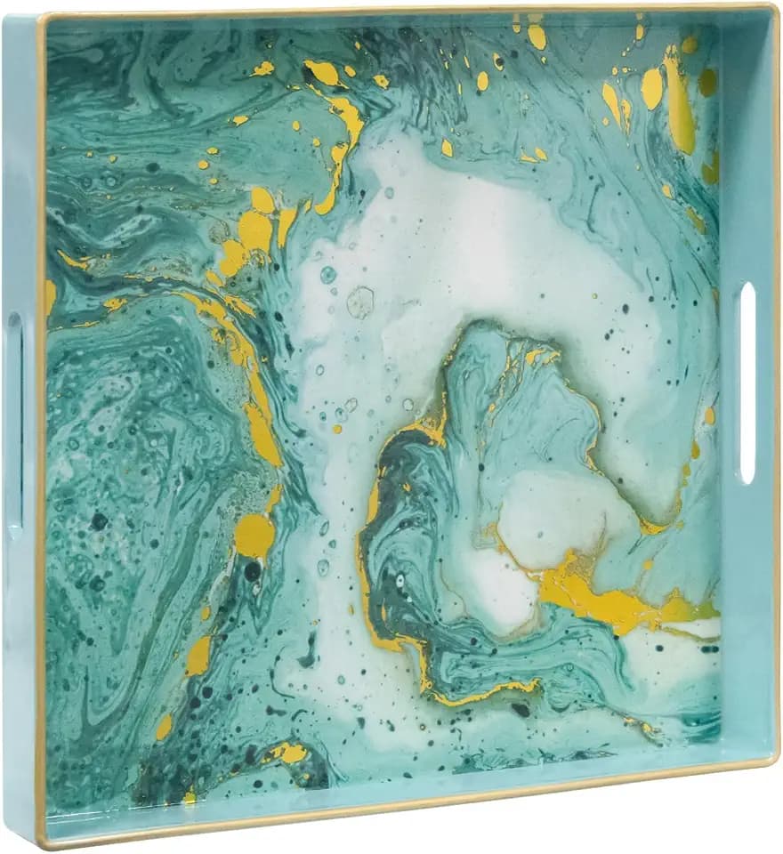 MAONAME Plastic Serving Tray with Handles, 13" Green Square Decorative Tray