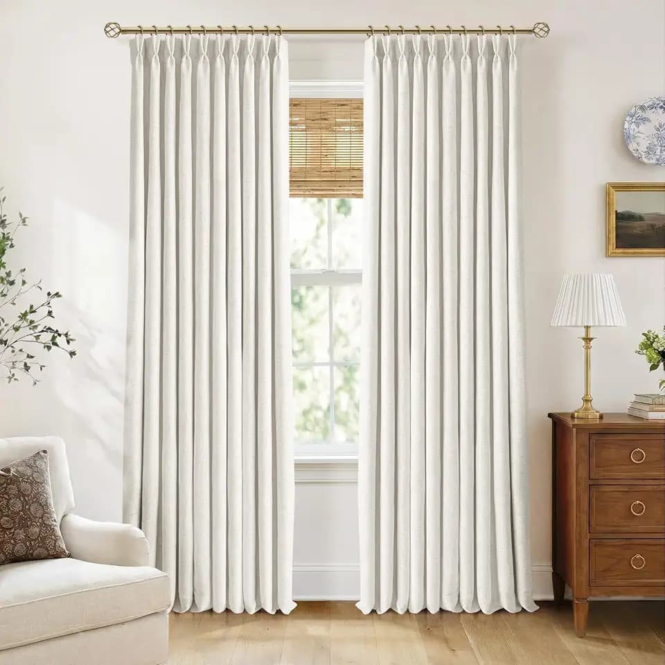 CAPALOCA Natural Linen Pinch Pleated 100% Blackout Curtains 96 Inch Long