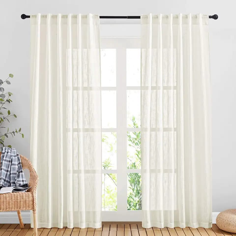 NICETOWN Linen Sheer Curtains and Drapes for Living Room, Rod Pocket & Back Tab Semitransparent with Light Through Vertical Window Treatments for Sliding Glass Door, Natural, W52 x L84, Set of 2