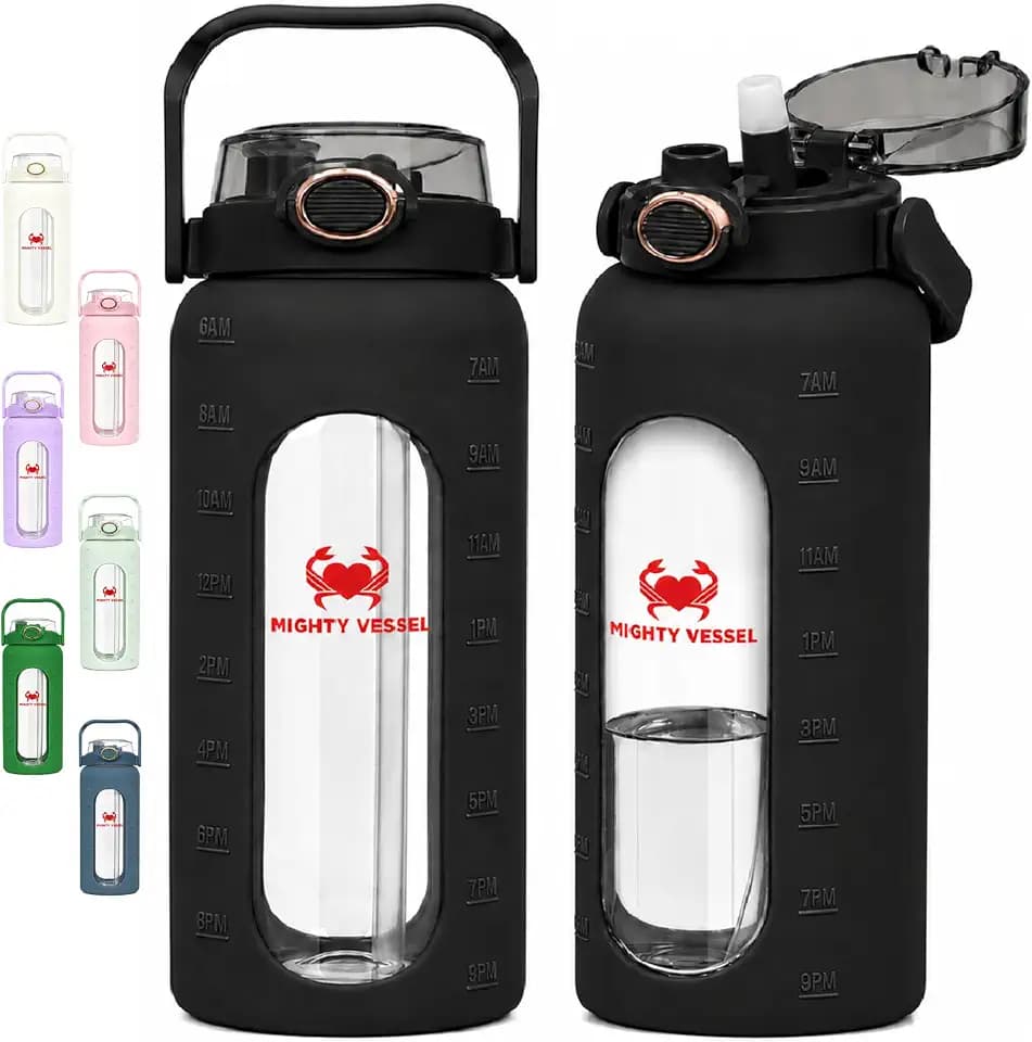 64 Oz Water Bottle with Time Marker & Straw - Black Pregnancy 2 Liter Glass Water Bottles with Measurements - Daily intake bottle - Leakproof Borosilicate jug