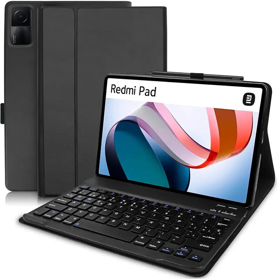 Spanische Tastaturhülle Ñ für Xiaomi Redmi Pad, intelligente Schutzhülle aus hochwertigem PU-Leder mit QWERTY-Design, abnehmbare Bluetooth-Tastatur, kompatibel mit L83 Redmi Pad 10,61 Zoll