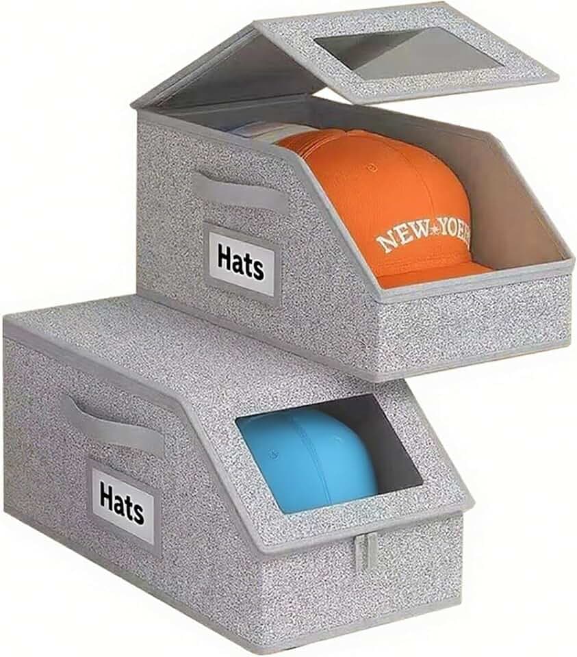 2-PCS Stackable Hat Organizer Box for Baseball Caps, Grey