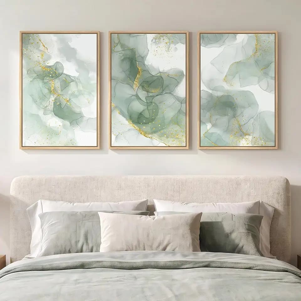 Framed Sage Green Abstract Wall Art for Bedroom, 3 Piece Set, Each 16x24 In