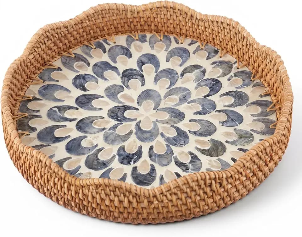 12 Inch Round Rattan Tray Mother of Pearl Inlay, Feather Style