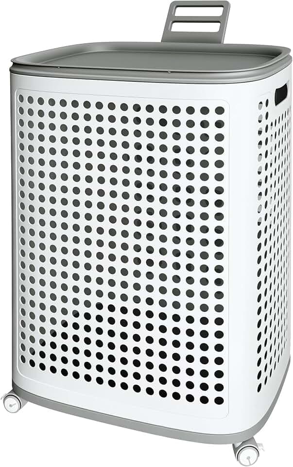 Rolling Plastic Laundry Basket with Lid, Ventilated, White (2-Pack, Large)