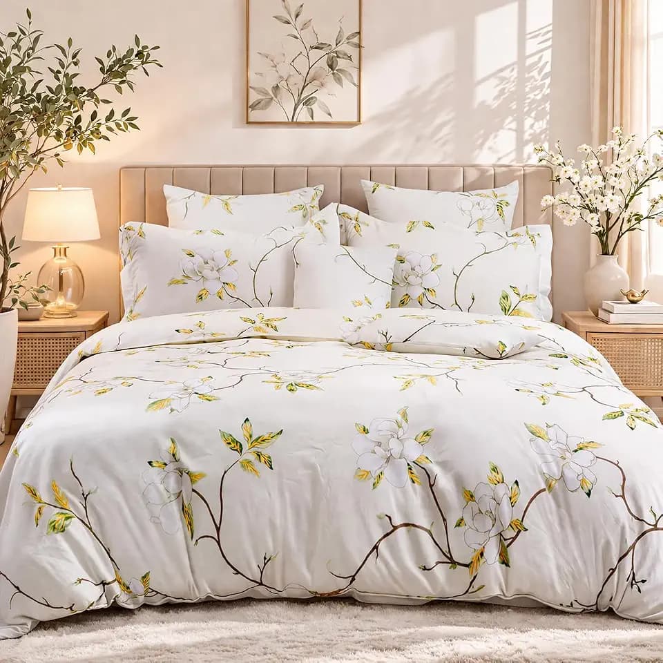 FADFAY White Floral Duvet Cover Set 100% Cotton Farmhouse Bedding with Hidden Zipper Closure 3 Pieces, 1duvet Cover & 2pillowcases,Twin XL Size