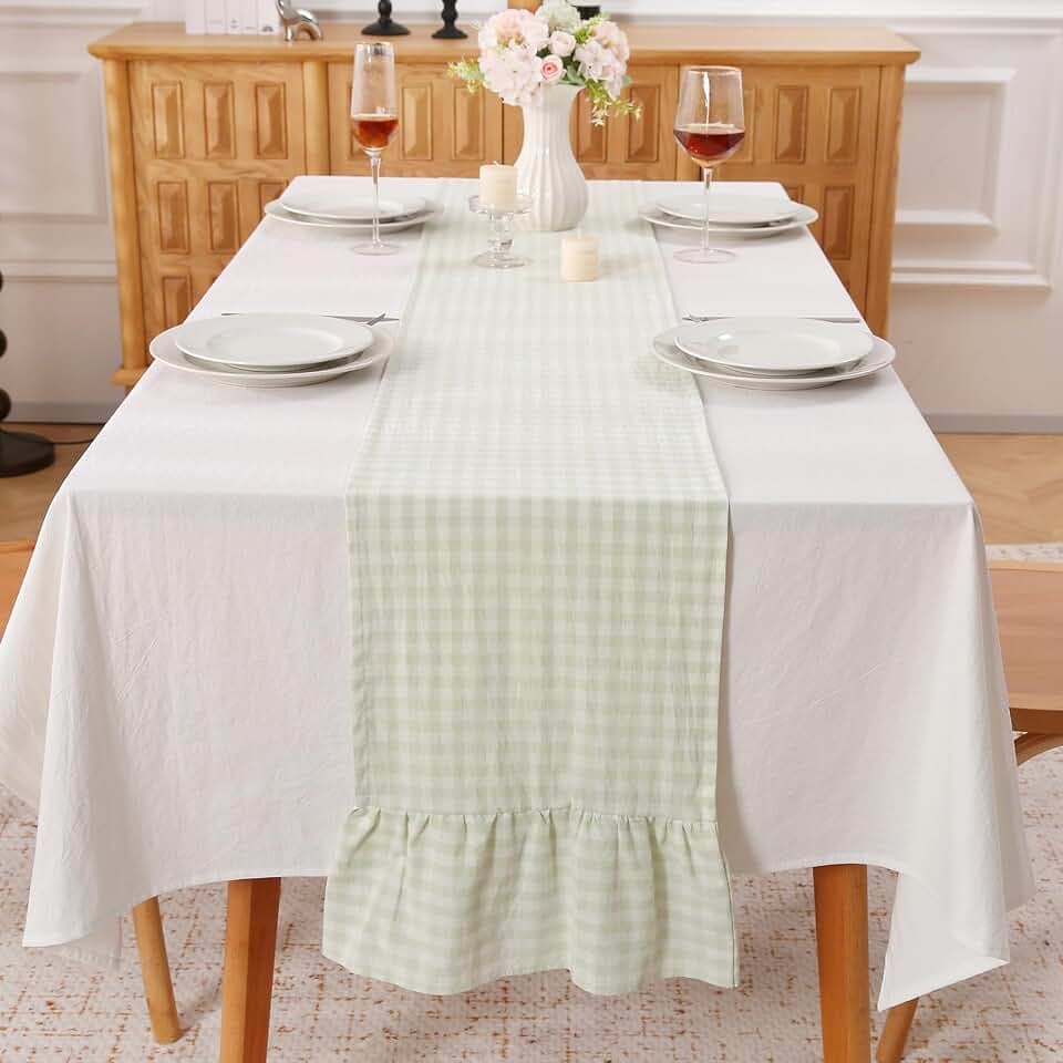 Pile Green White Plaid Gingham Ruffle Table Runner Cabinet Cover 13"x120"