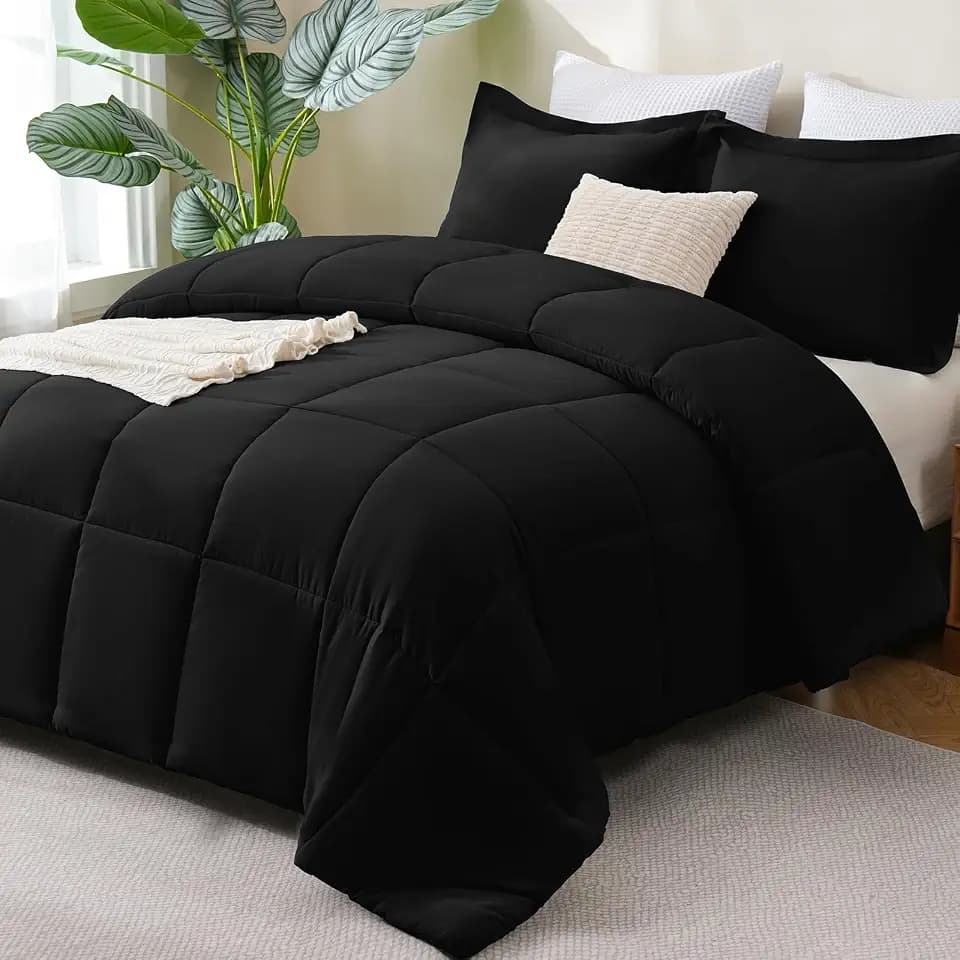 CozyLux Queen Comforter Set, 3-Piece Box-Stitched, Black