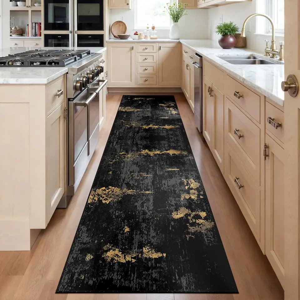 RELEANY Washable Runner 2'x6' Abstract Area Rug for Hallway Black Gold