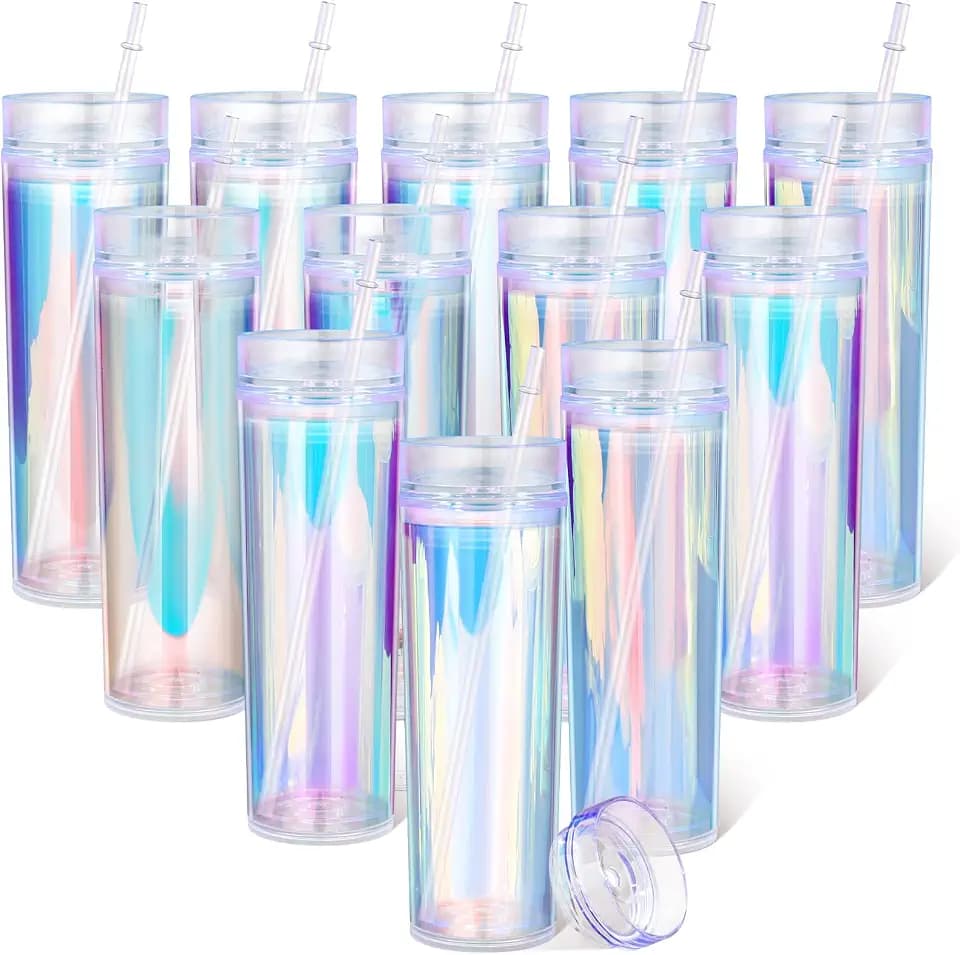 Tujoe 12 Pack Iridescent Skinny Tumbler with Lid Straw Insulated, 16 oz