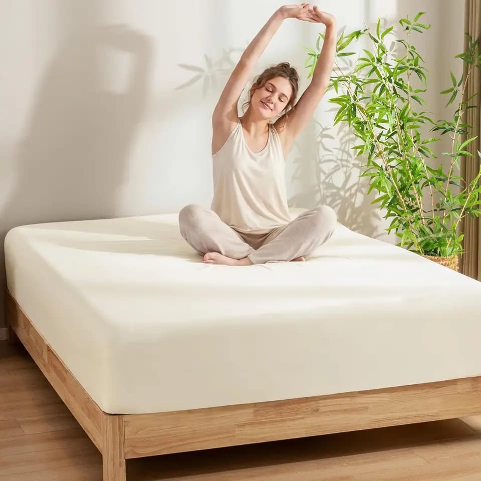 PHF 100% Rayon Derived from Bamboo Fitted Sheet Twin Size, 16" Deep Pocket,2.5cm Wider Strong Elastic Easy Fit, Breathable Silky Soft Skin-Friendly for Hot Sleeper,39"x 75",Cream,No Pillowcases