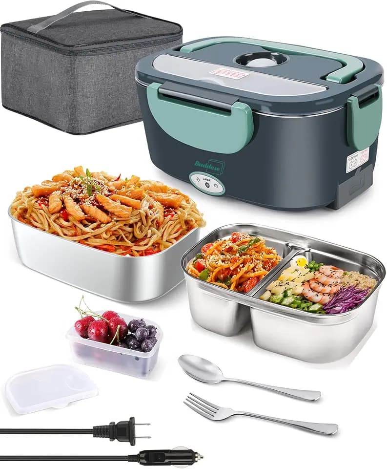 Buddew Electric Heated Lunch Box, 80W Fast Heating with Dual 1.5L Food-Grade 304 Stainless Steel, 12V/24V/110V Portable Food Warmer for Car Truck Office Adults, Lonchera Electrica Portatil (Green)