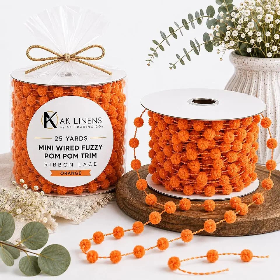 AK Trading CO. 25 Yards Fuzzy Pom Pom Wired Trim Ribbon Lace - Orange