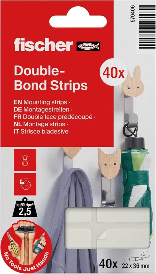 fischer Montagestreifen, dopelseitige Klebestrips, starkes Klebeband, einfach wieder ablösbar, Aufhängung ohne Bohren/Schrauben, für Bilder, Deko, Haken, uvm., 40 Strips